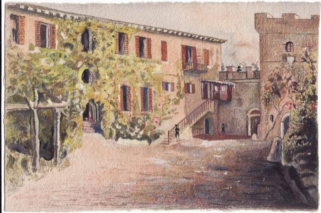 El patio y la torre en una acuarela de la villa.